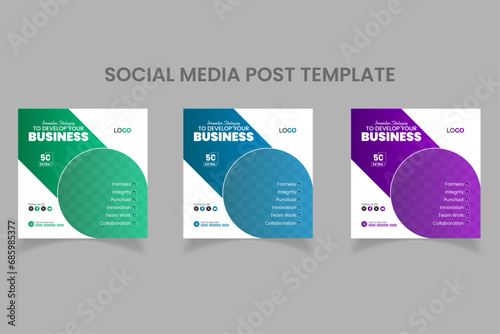 Modern Abstract shapes business social media post template set | Green, Blue and Purple gradients (ID: 685985377)