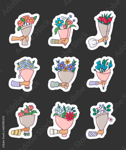Hand holding floral bouquets. Sticker Bookmark. Gift for holiday celebration. Giving blossoms flowers. Spring blooming bunches compositions. Vector drawing. Collection of design elements.