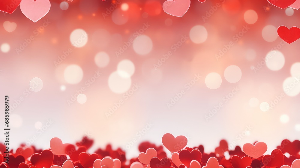 Lovely greating card with red hearts. Valentine's day background banner with cute decorated dood ofe hearts. Beautiful bokeh background. concept of love