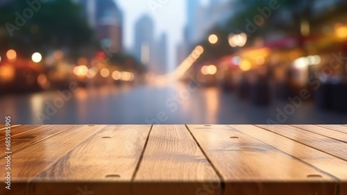 The empty wooden table top with blur background of street in downtown business district with people walking. Exuberant image. generative AI © Summit Art Creations
