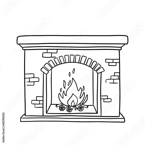 Fireplace with burning fire. Cozy symbol of warmth and family traditions. Hand drawn line doodle illustration isolated on white