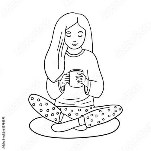 Young Woman Sitting on floor with Cup, Drinking Coffee. Girl Routine, Spare Time. Hand drawn line doodle illustration isolated on white