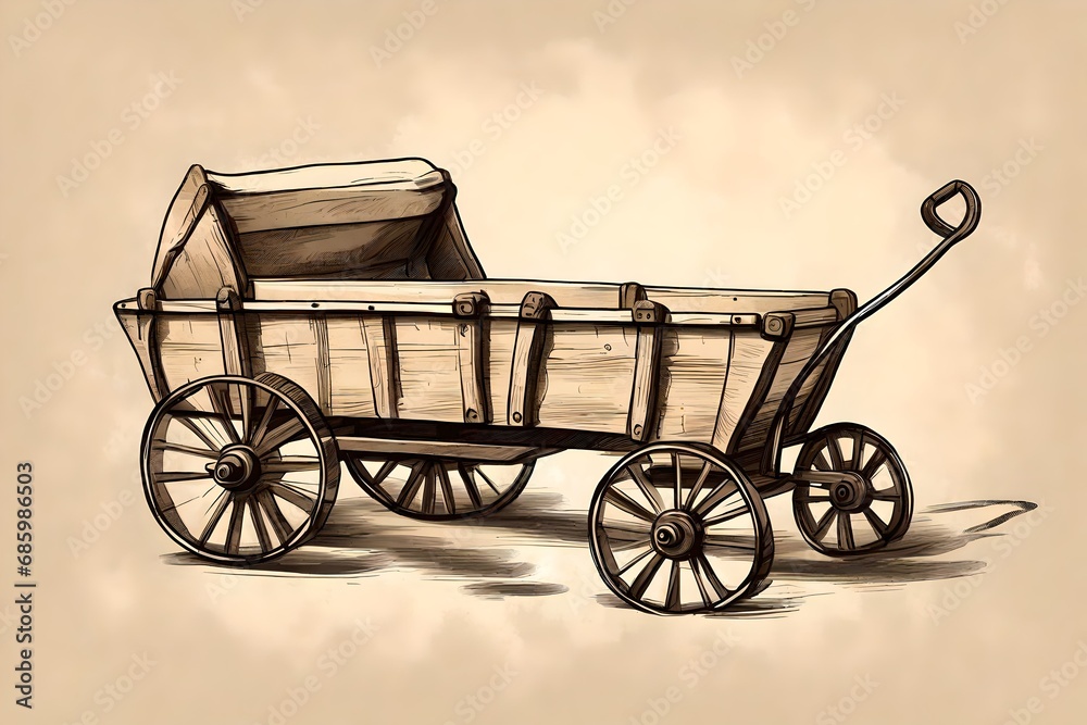vintage style hand drawing of an old antique pull wood wagon