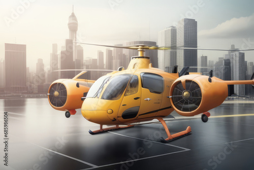 helicopter is on a runway with a city in the background. Air taxi Generative AI.