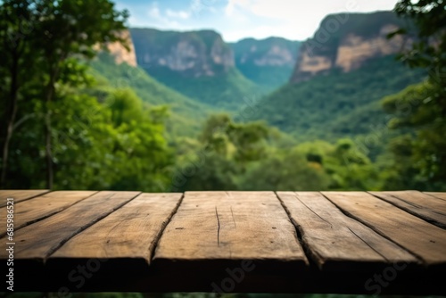 The empty wooden brown table top with blur background of trekking path. Exuberant image. generative AI