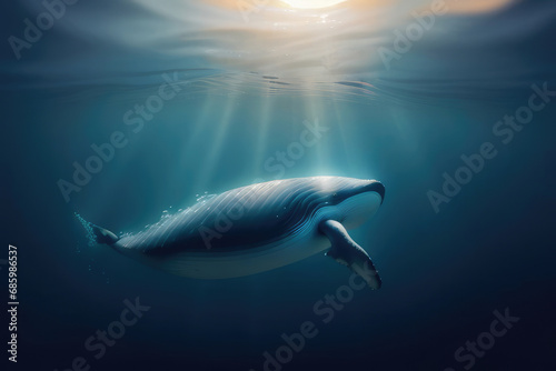 whale swimming in the ocean with the sun shining on it. Generative AI.wildlife concept. photo
