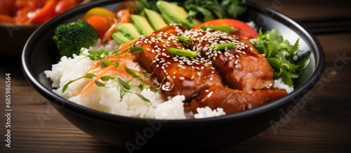 Teriyaki salmon bowl with rice and veggies. photo