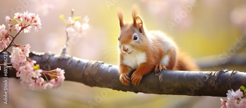 The photo shows a cheerful squirrel in its natural environment, lively on branches. © 2rogan