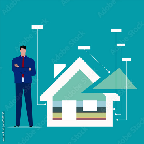 Home expense ratio, home purchase, home installment for report and presentation UI, WEB. Simulated pie chart of a businessman wanting to share profits.