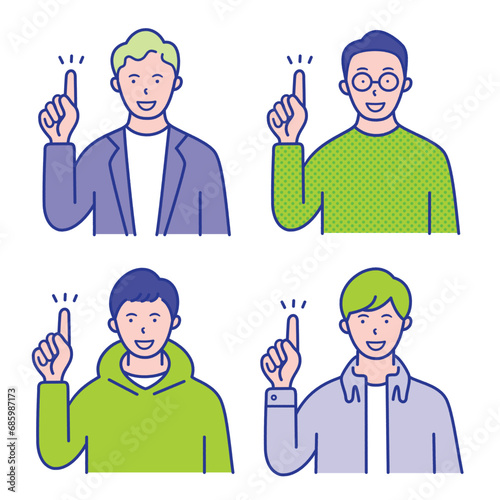 指差しポーズの20代〜40代男性の上半身イラスト素材【セット】