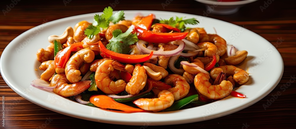 Non-spicy Thai dish: Stir-fried shrimp in a white plate with cashew nuts and sweet pepper. Non-spicy Thai dish: Stir-fried shrimp in a white plate with cashew nuts and sweet pepper.