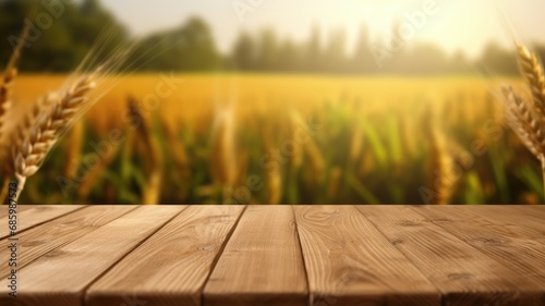The empty wooden table top with blur background of wheat farm. Exuberant image. generative AI