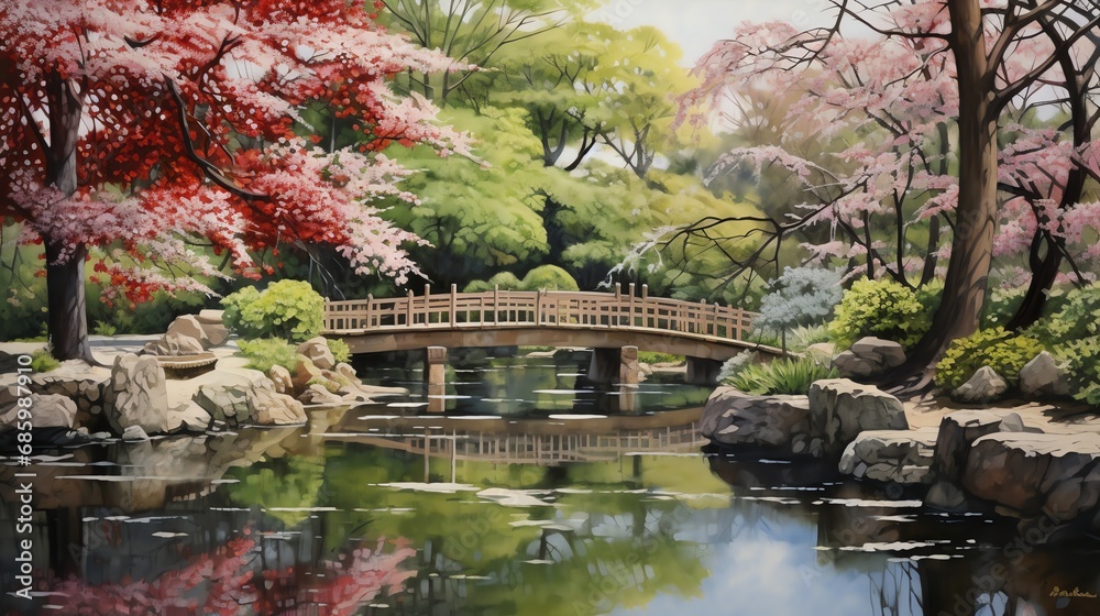 Naklejka premium watercolor painting of Japanese garden with pond bridge and traditional temple