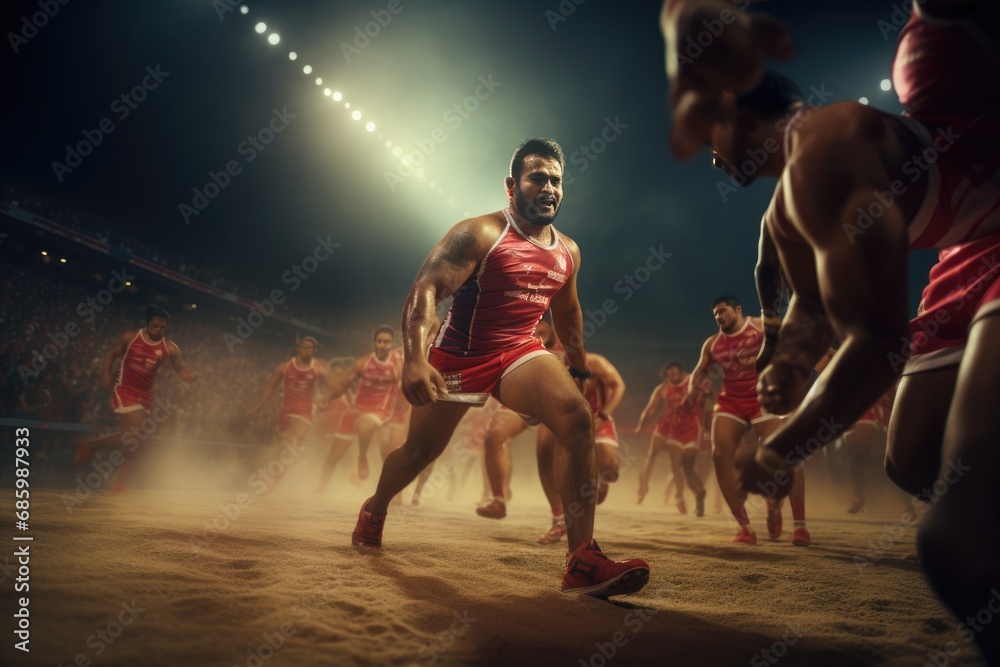 Kabaddi players chasing raids against team in crowded stadium. Kabaddi Indian Sport. kabaddi match