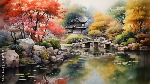 watercolor painting of Japanese garden with pond bridge and traditional temple © fledermausstudio