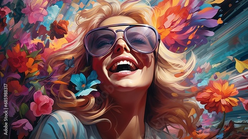 Vibrant and Joyful. Blonde Woman with Stylish Sunglasses Standing Against Colorful Flower Backdrop