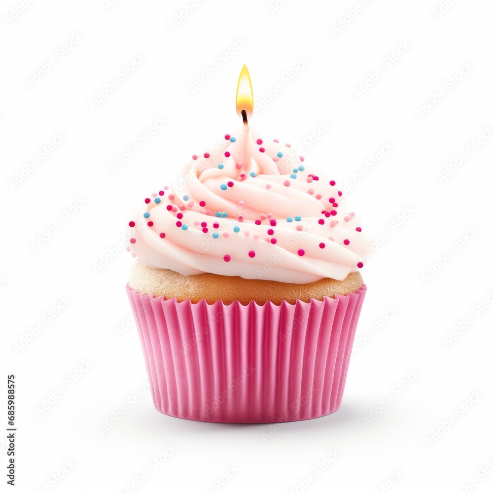 Close-up of birthday cupcake with one candle isolated on white Close-up of birthday cupcake with one candle isolated on white