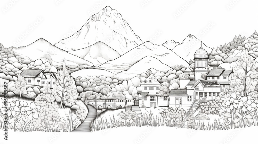 beaoutiful village, outline