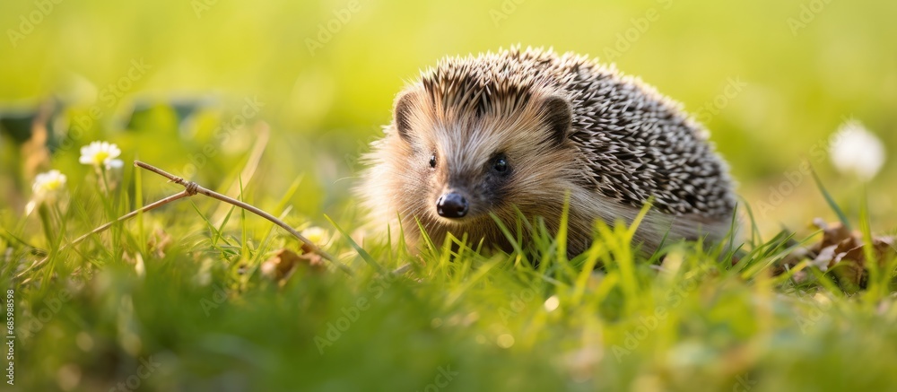 Wild European hedgehog in natural garden habitat during Springtime on green grass lawn. Horizontal image. Copy space. Wild European hedgehog in natural garden habitat during Springtime on green grass lawn. Horizontal image. Copy space.