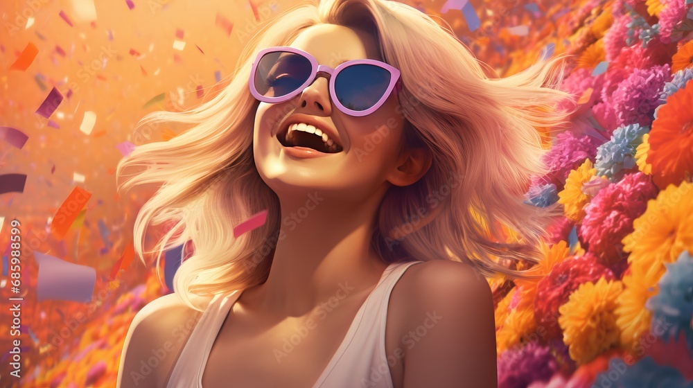 Radiant Blonde Woman with Stylish Sunglasses Beaming against a Vibrant Backdrop of Colorful Flowers