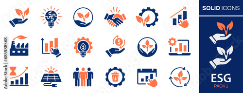 ESG icons, such as ecology, environment social governance, risk management, performance and more.