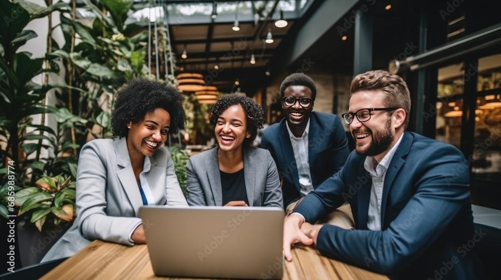Fototapeta premium A Black African man and American professional Entrepreneur at a meeting looking at a laptop and solving project corrections in the Office. Business Entrepreneur solving project. Business people.