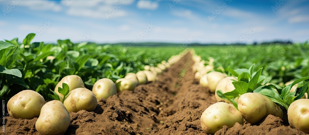 Rows of potatoes growing in a green field. Rows of potatoes growing in a green field.