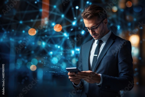 An American Businessman in a blue suit using a phone and behind a holo 3d background. A man's in spec & suit using a phone in his office behind holo 3d background. Businessman data science. © Chexy139