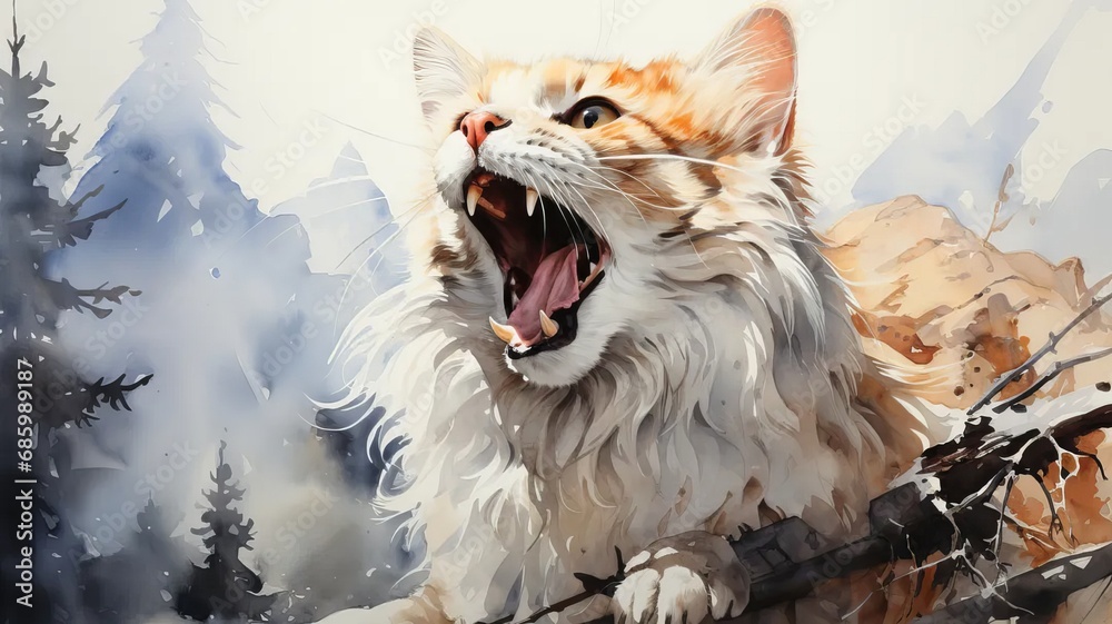 Watercolor illustration of a big cat with its mouth open