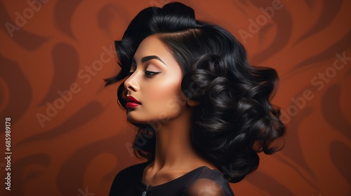 Beautiful Indian woman with black hair hating the hair in full attitude face looking left side on dark brown pattern background. Indian beautiful girl 