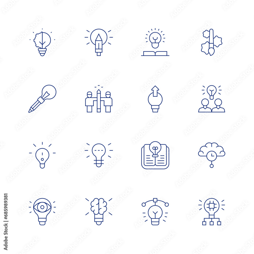 Creativity line icon set on transparent background with editable stroke. Containing paint brush, exchange ideas, thinking, innovation, light bulb, knowledge, idea, lightbulb, creativity, creative mind