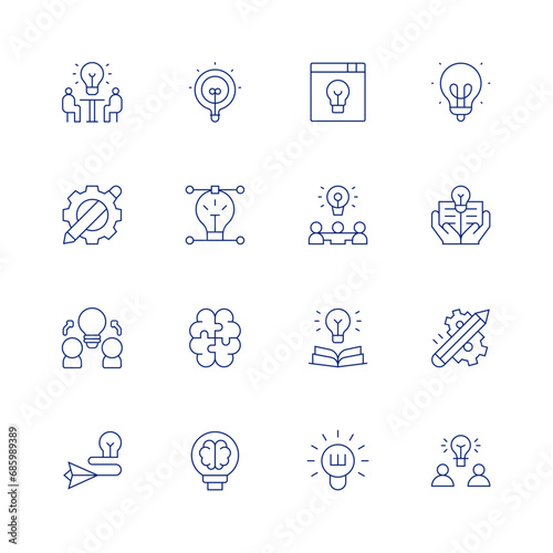 Creativity line icon set on transparent background with editable stroke. Containing idea, knowledge, work in progress, brainstorming, promotion, group, light bulb, creativity, creative process.