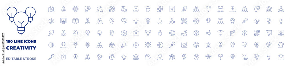 100 icons Creativity collection. Thin line icon. Editable stroke. Creativity icons for web and mobile app.