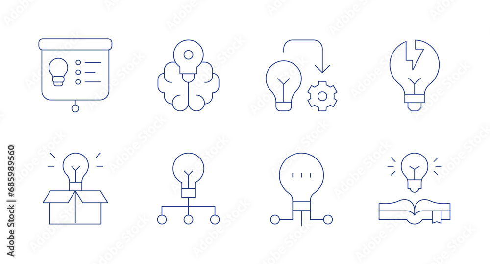 Creativity icons. Editable stroke. Containing idea, implementation, light bulb, creativity, creative, presentation, extraordinary.