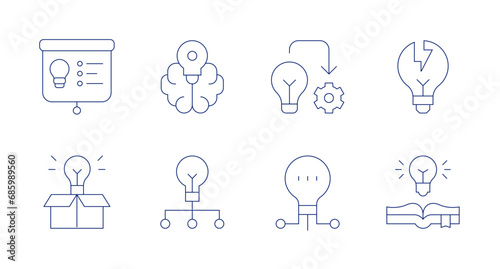 Creativity icons. Editable stroke. Containing idea, implementation, light bulb, creativity, creative, presentation, extraordinary.