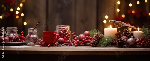 Christmas works setting on table with red fruit and decoration wooden background