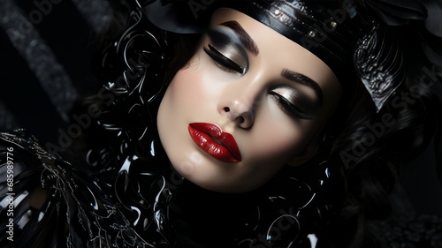 Beautiful model with red lipstick on black background.