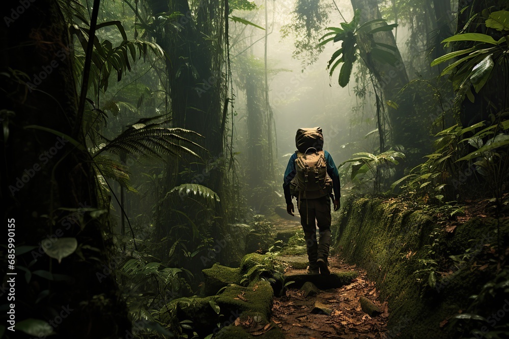 Adventurous Travel: Explorer Trekking through a Dense Jungle. Expedition Through the Jungle with Adventurous Group.