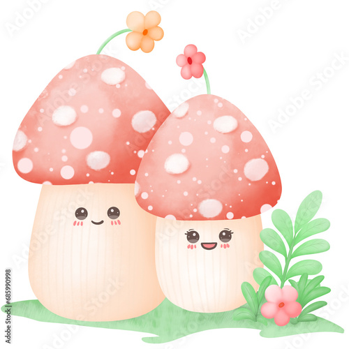 Cute cartoon mushrooms with happy smiley face in the grass 