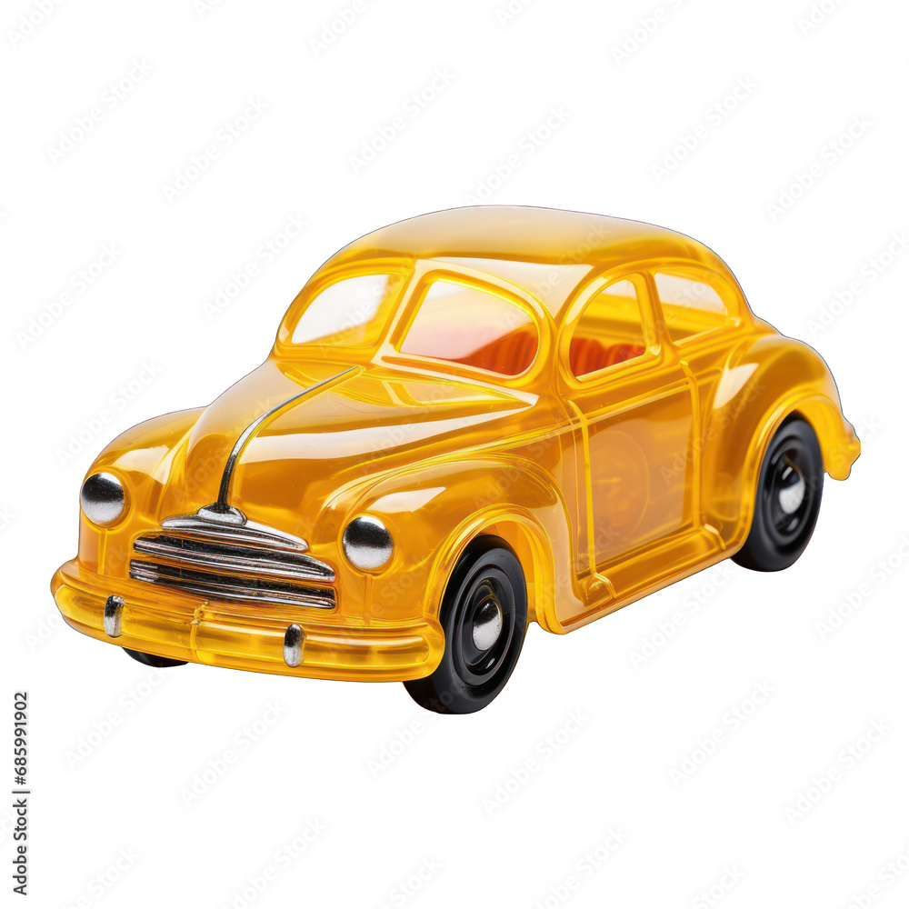 Yellow Plastic Toy Car on Transparent Background Isolated on Transparent or White Background, PNG