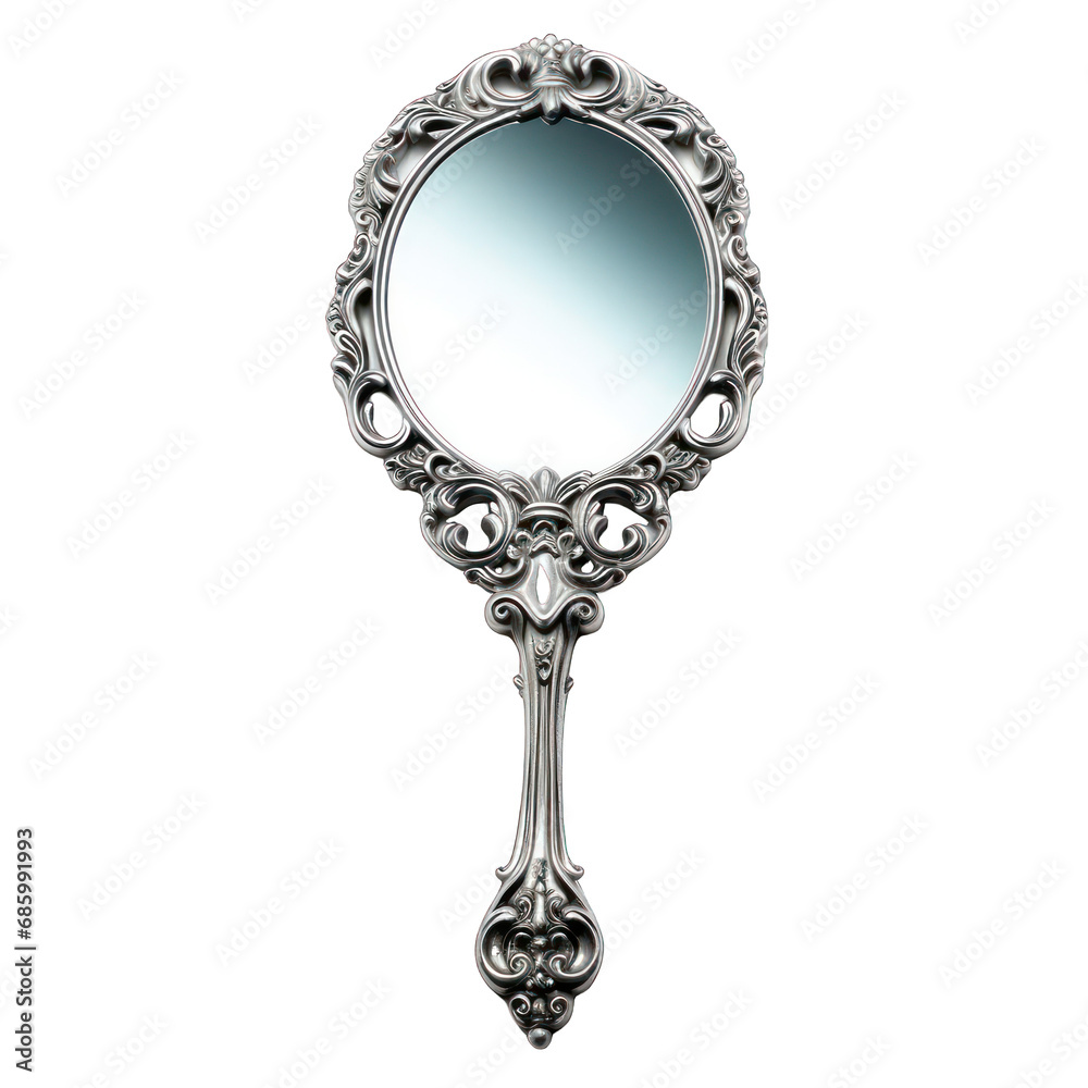 Poster Affiche Silver Handheld Mirror Isolated on Transparent or White Background PNG 40x40 cm