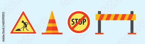 Road Work Flat Object with Stop Sign, Cone and Barrier Vector Set