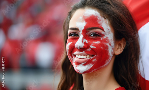 Happy young woman with red and white paint on her face at a sports stadium