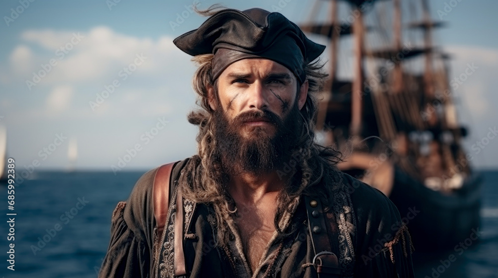 Fototapeta premium Male pirate on a ship against the backdrop of a calm sea