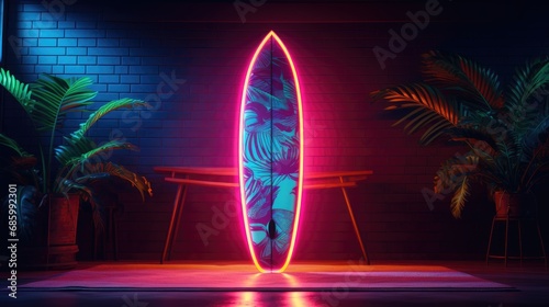 Colorful surfboard with neon light