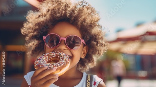 Positive girl with glasses eating donut in outdoor cafe