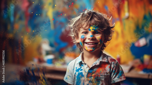 Happy boy with painted face on bright colorful background
