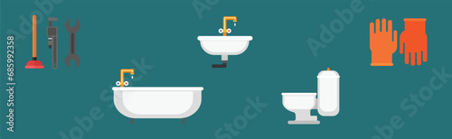 Plumbing Work Object and Equipment Icon Vector Set