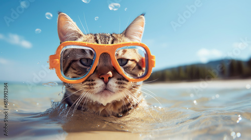 Cat on the beach wearing diving goggles