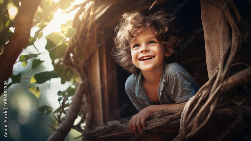 Happy kid sitting in children's treehouse in backyard Happy kid sitting in children's treehouse in backyard